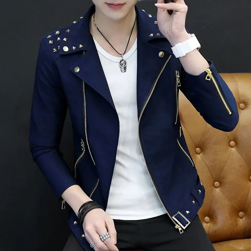 2024 Spring Autumn Men Clothing Rivet Youth Slim British Jacket Short Motorcycle Coat