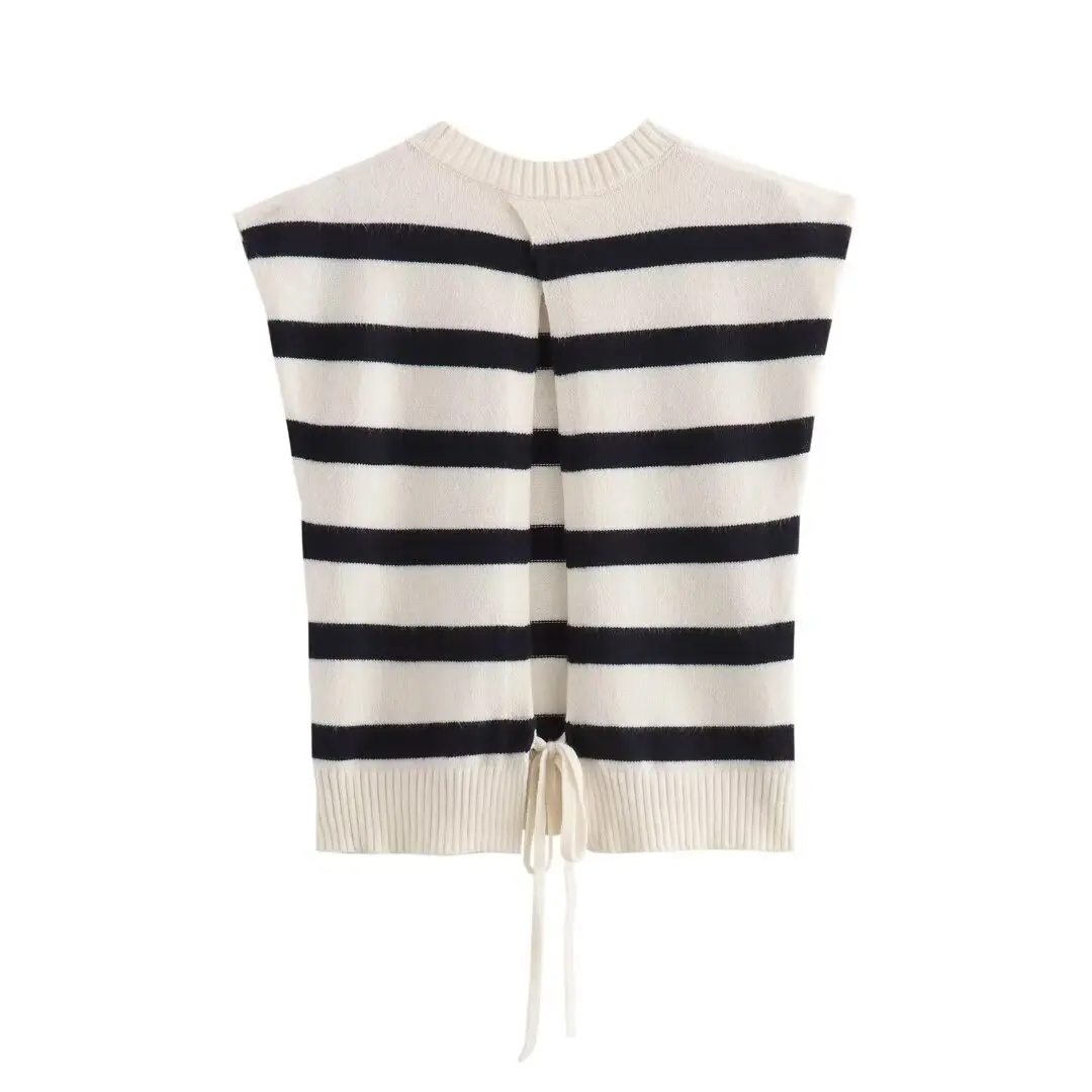 Women's Fashion French Casual Black And White Striped Sleeveless Knitted Tank Top