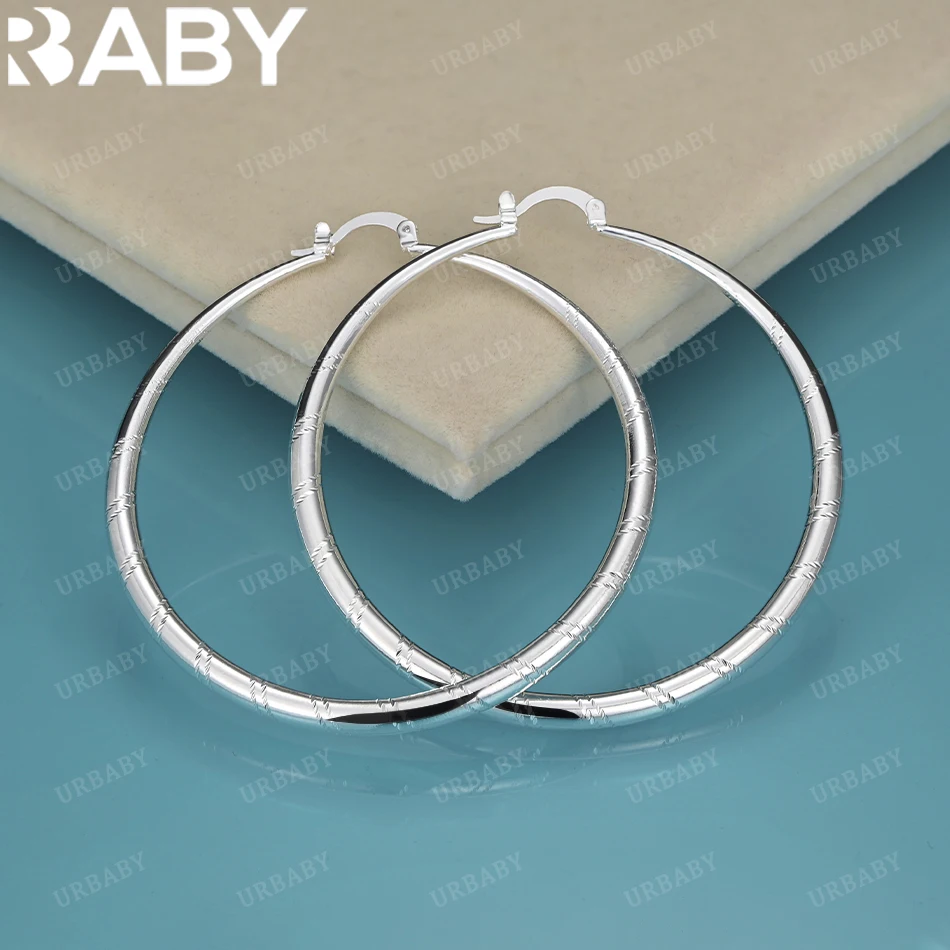 

URBABY 925 Sterling Silver 40-60mm Diamond Ripples Hoop Earrings For Women Wedding Engagement Party Fashion Charm Jewelry Gift