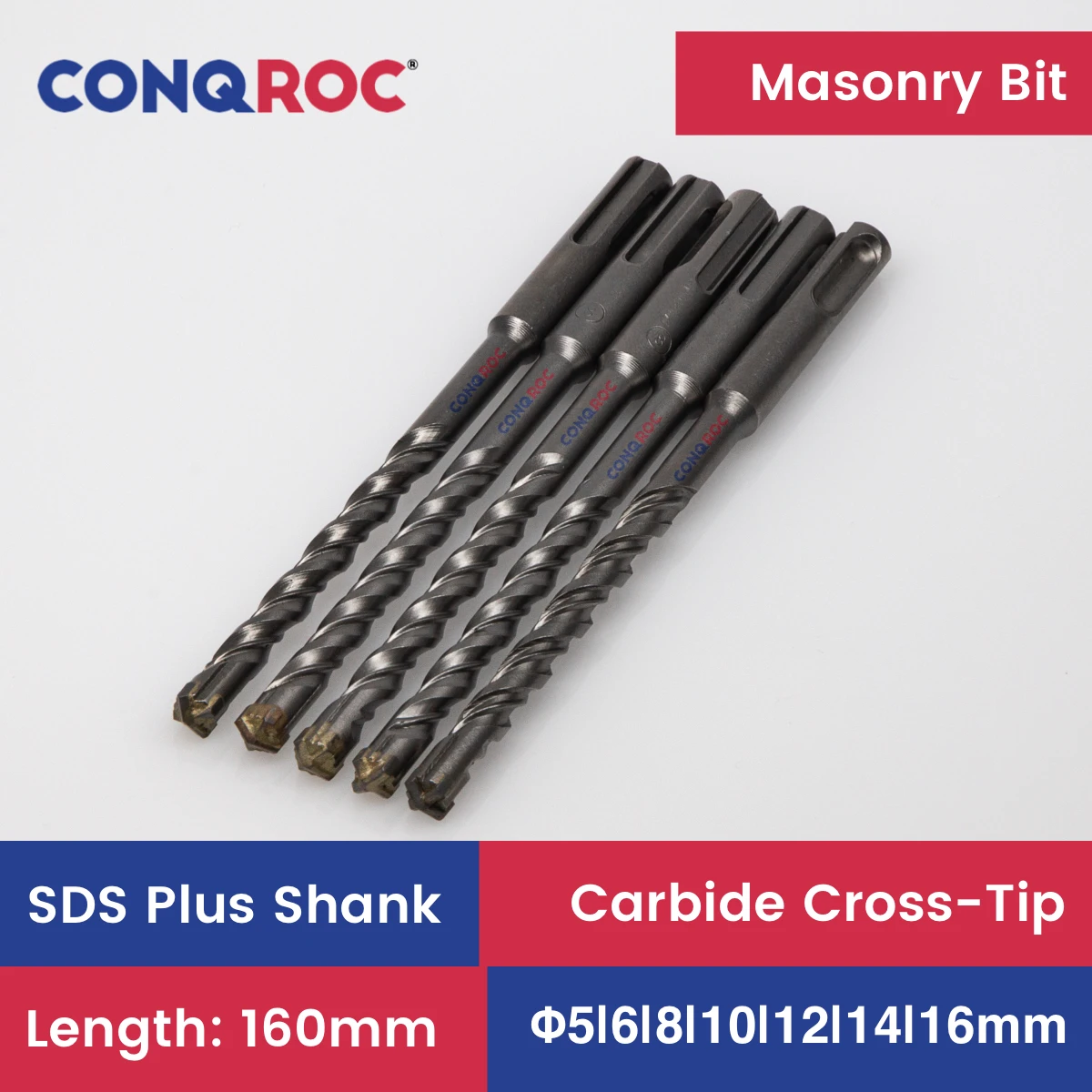 Masonry Drill Bits SDS Plus Shank Carbide-Cross-Tip Length-160mm 5-Piece-Same-Size 7-Option Diameter-5~16mm for Electric Hammer