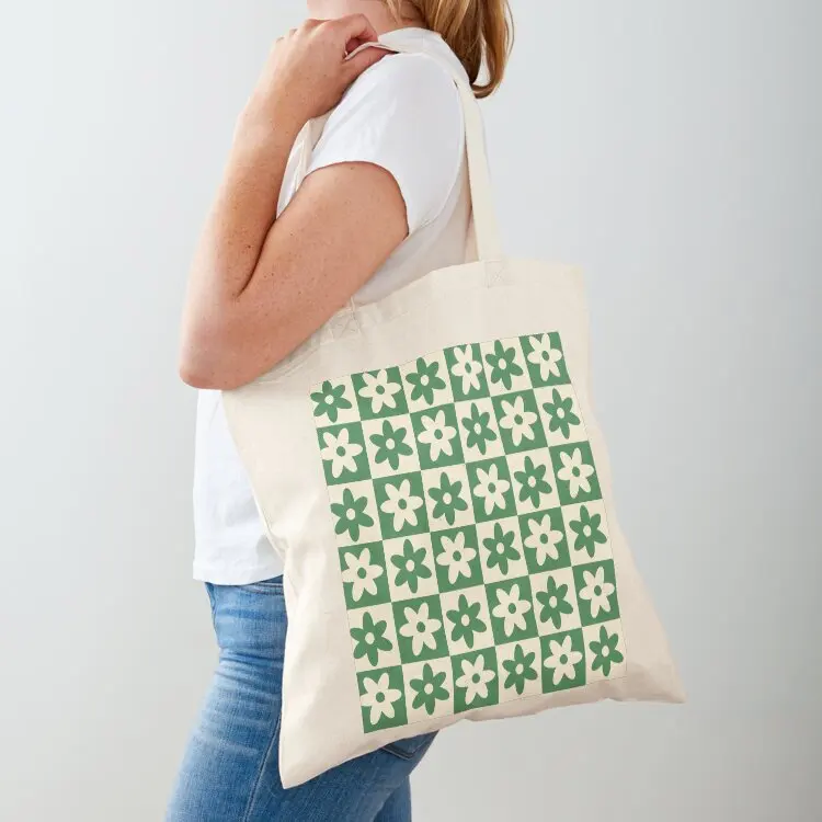 

Forest Green Floral Checkerboard Print Tote Bag reusable shopping bag Women's handbag Beach bag university shopper