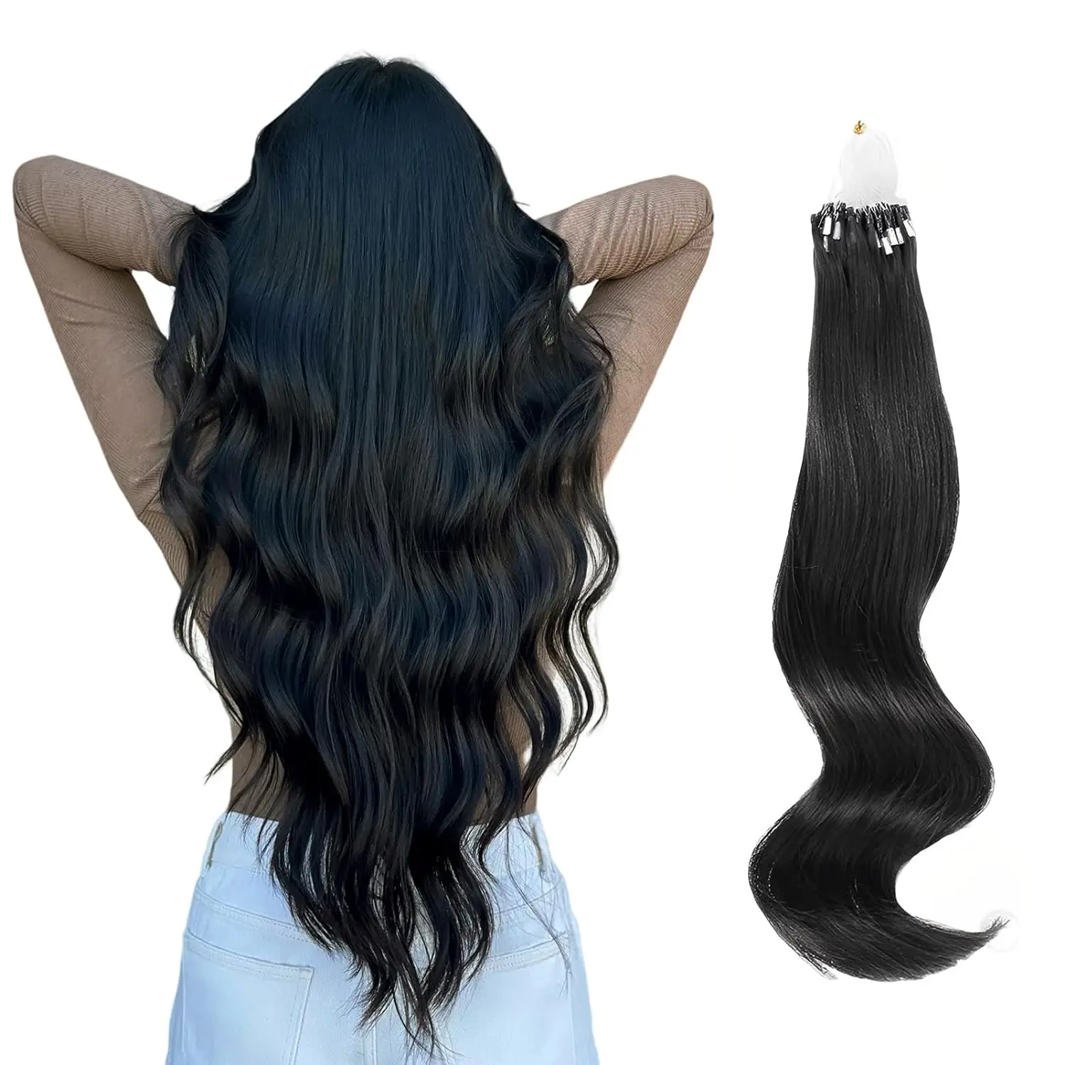 Natural Micro Loop Ring Remy Human Hair Extensions Stick Tipped Hair Fish Line Link Hairpiece Highlight Straight 50 Strands 50g