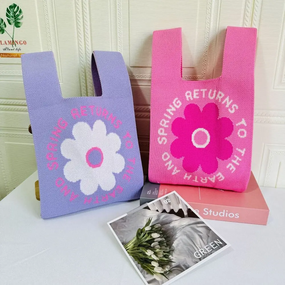 Spring Flower Cartoon Knit Handbag Women Mini Knot Wrist-bag Casual Tote Bag Reusable Shopping Bags Vest Bag Lunch Box Bag