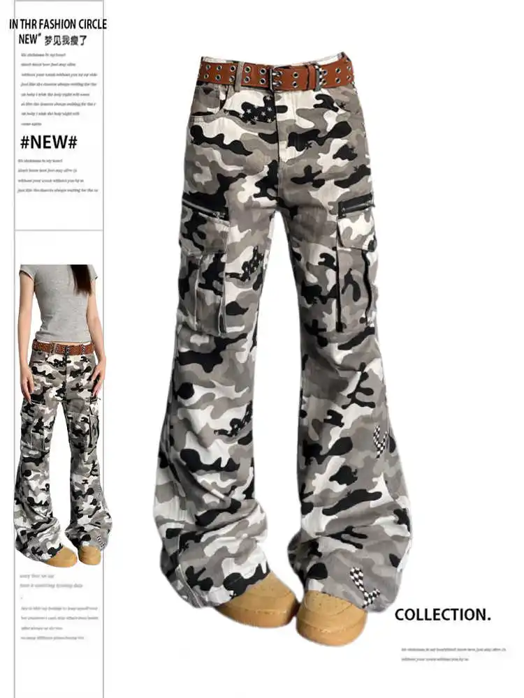 Women Low Rise Long Trousers Gyaru Flare Cargo Pants Y2K Japanese Harajuku Camouflage Bell-Bottom Korean Cyber Punk Grunge Kpop