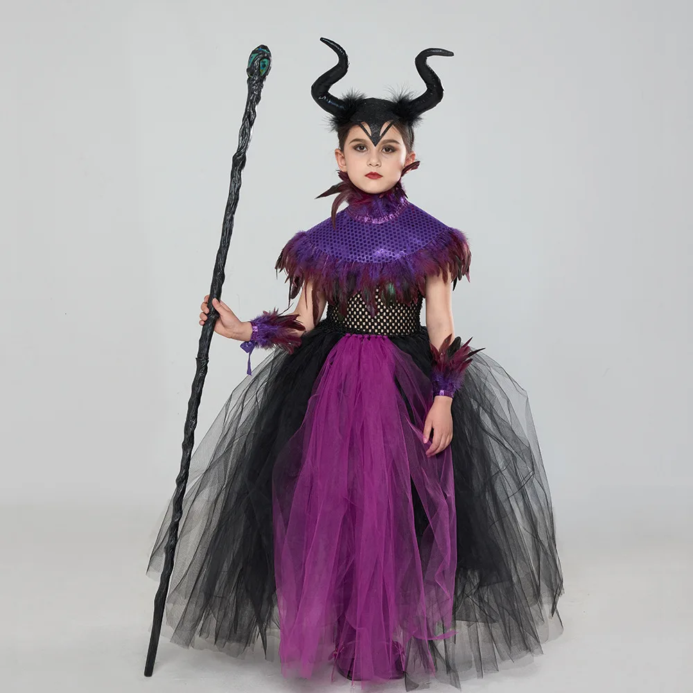 Costume de Cosplay de Sorcière d'Halloween pour Fille, Robe en Gaze, Ensembles de Plumes, Reine Maléfique, Robes de Princesse, Spectacle sur Scène