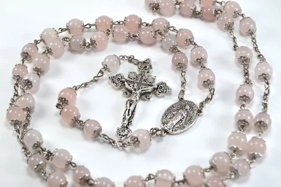 Heirloom Pink Rose Quartz & Silver Catholic Rosary
