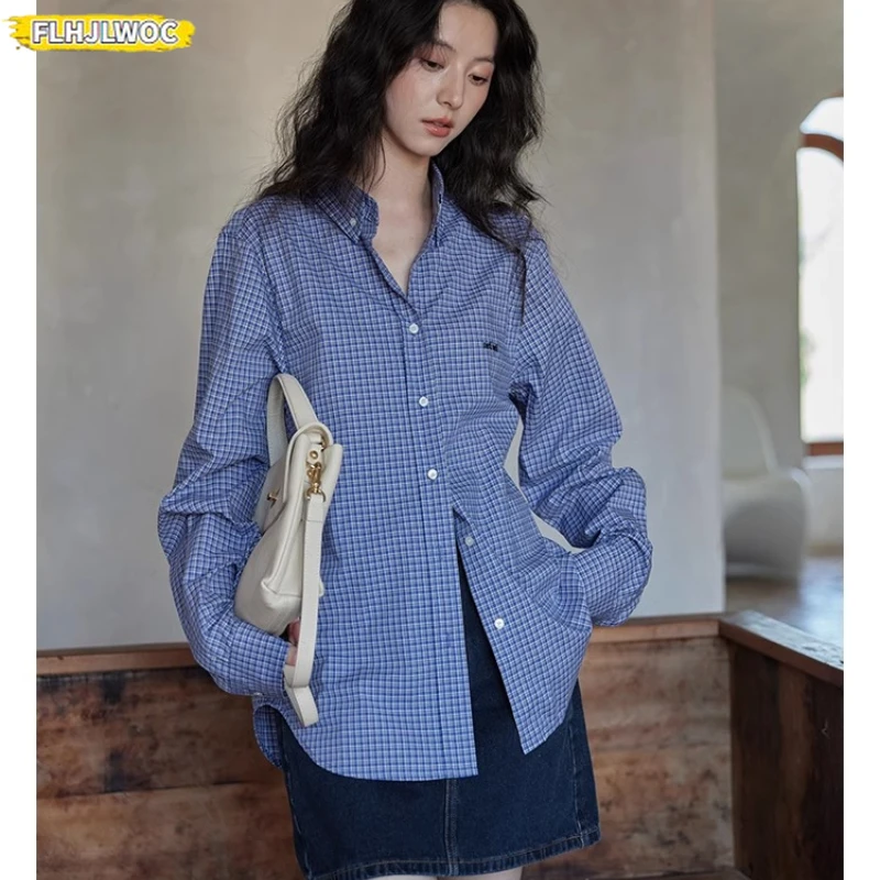 Hot Sales Cotton Blends Tops Blouses New 2025 Spring New Year Girls Preppy Style Loose Boyfriend Design Button Blue Plaid Shirts