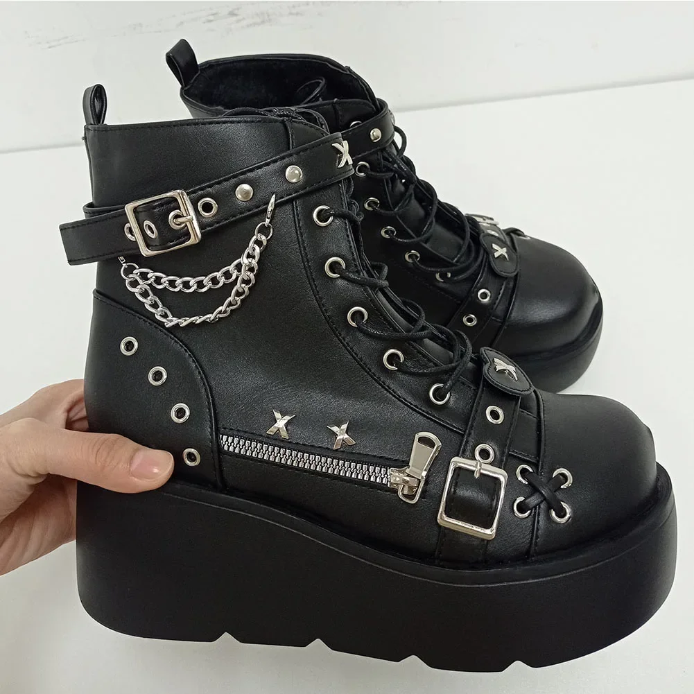 New Gothic Style Platform Vampire Cosplay Women Mid-calf Boots 2024 Winter Wedges Comfy Women Motorcycle Boots Shoes