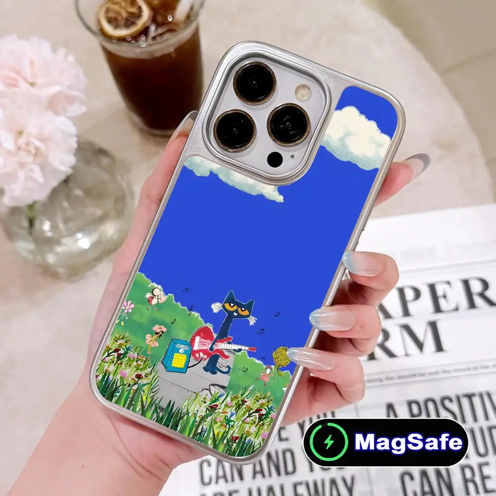 

Cute Pete the Cat Mobile Phone Case for iPhone 17 16 15 14 13 12 11 Air Pro Max Plus Magsafe Silver Plating Colorful Cover