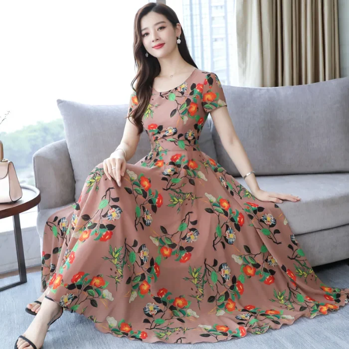 Slimming Women's Long Dress 2024 New Style Round Neck Short Sleeves Supernatural Flowers Large Scatter Over Knees