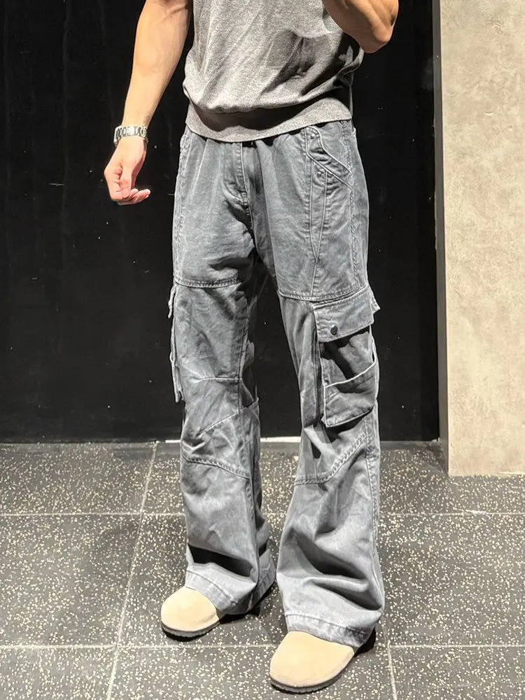 Vintage Patchwork Grey Workwear Pants Men's Straight Leg Micro Flared Casual Trousers Multi Pocket mid Waist Zipper Fly