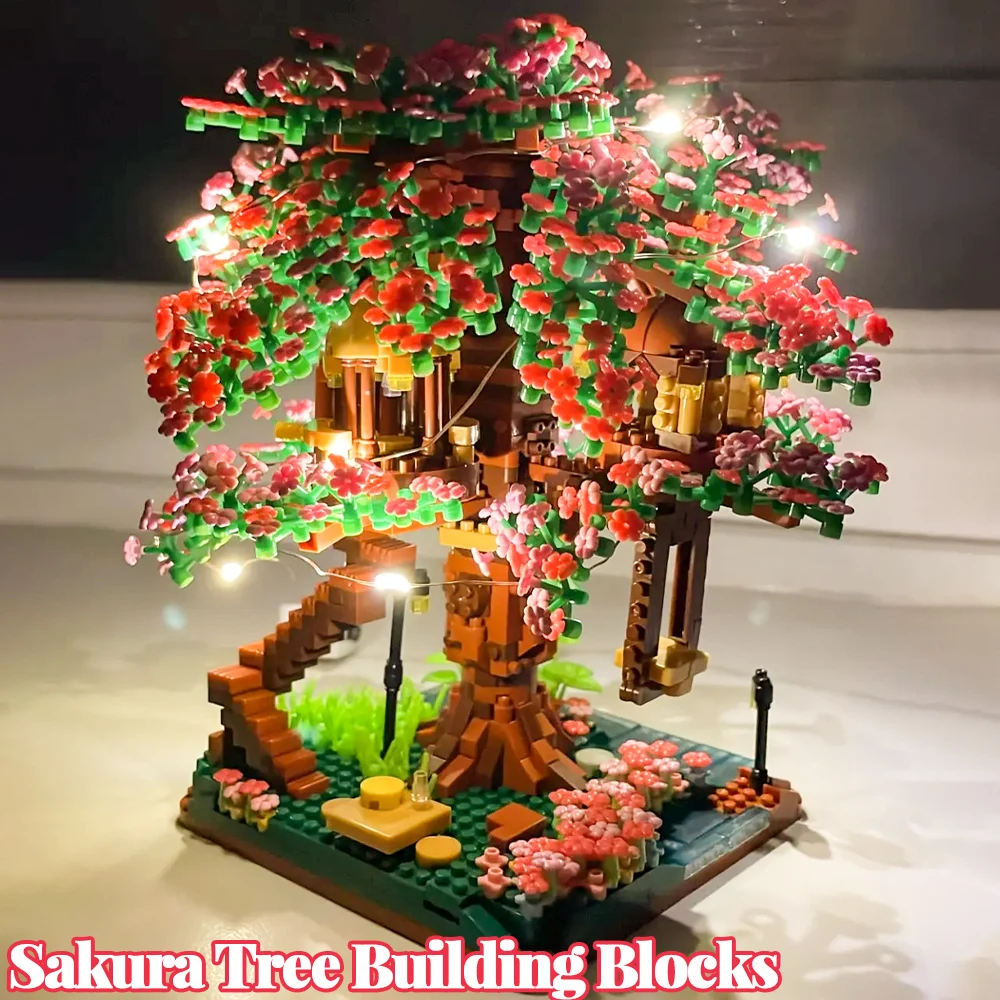 Mini Sakura Tree Building Blocks Set Diy Cherry Blossom Bricks with Light Treehouse Model Ornament Romantic Gift for Girlfriend