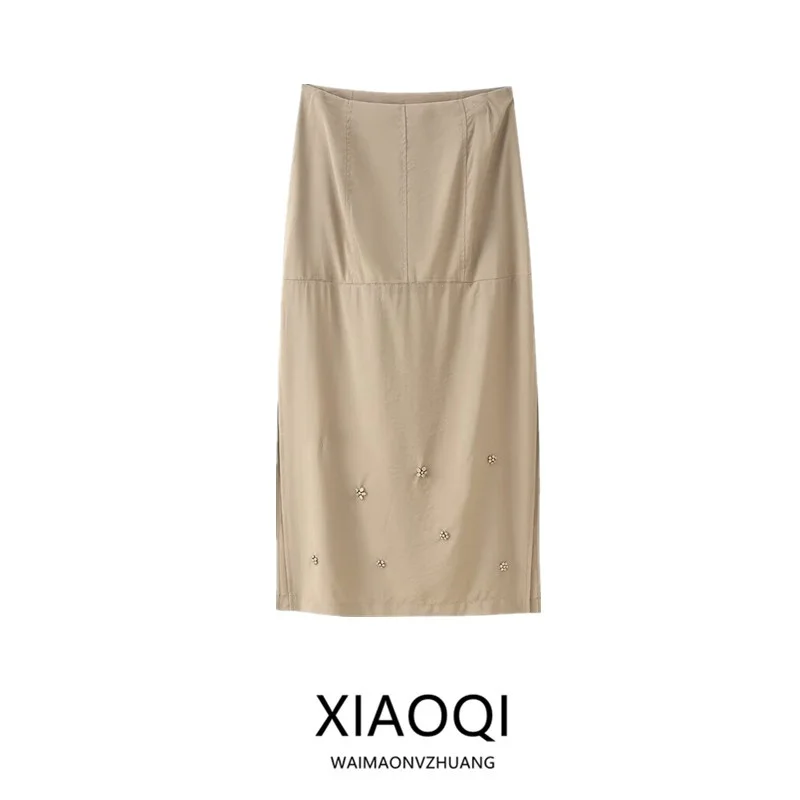 Summer 2025 Women's High Waist Midi Skirt Loose Weave Embellished Half Skirt Commute Style Bodycon Pure Color Other Material