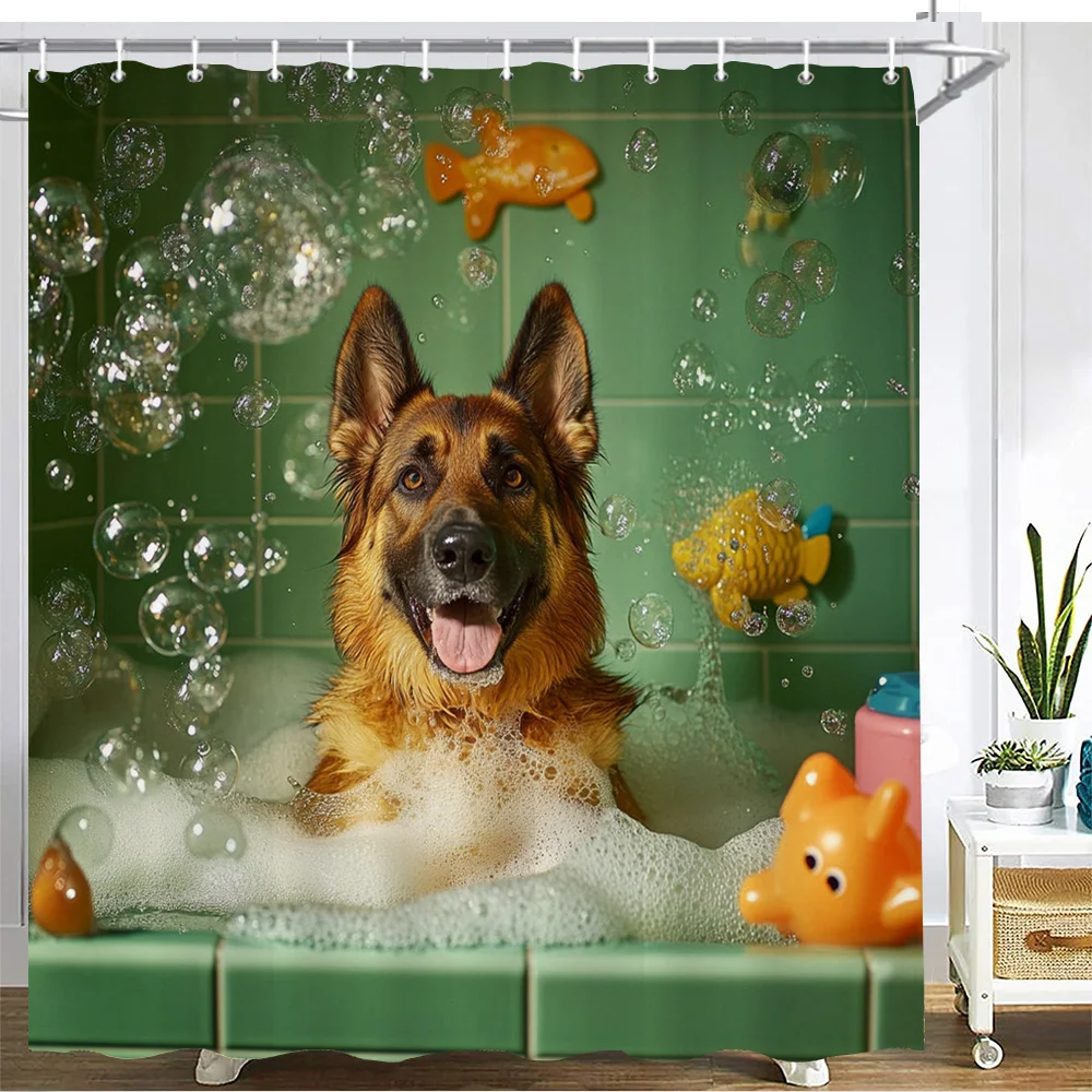 German Shepherd in Bubble Bath Shower Curtain – Fish Toys, Green Tiles, Polyester, Machine Washable, Whimsical Pet Theme