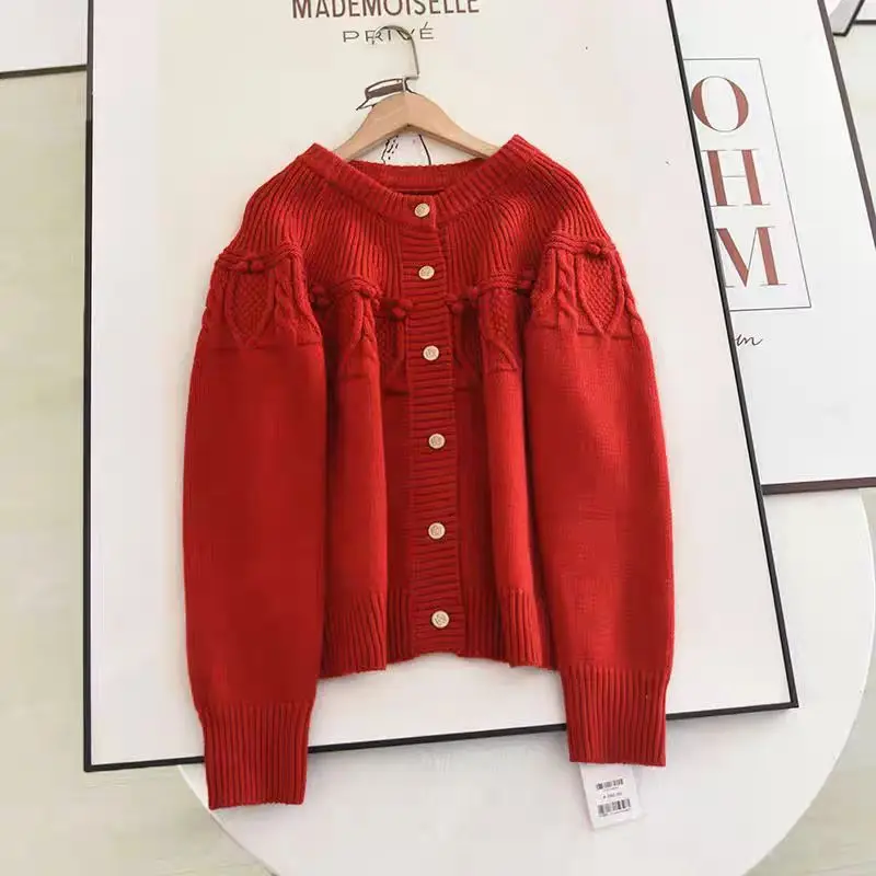 

Chinese red knitted Jacquard o neck Single Breasted Sweater Women Crop Top autumn winter new year's Long Sleeve Cardigan tops