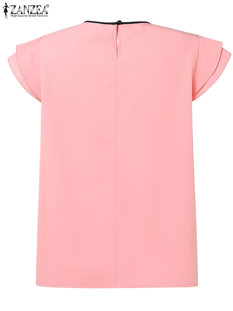 ZANZEA Camicetta elegante da donna 2025 Tunica estiva Top Camicie casual con volant solido O-Collo Manica corta Pieghettato Office Lady Blusas