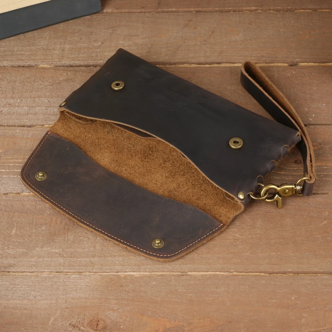 Minimalist Retro Cowhide Wristlet, Envelope Flip Design Hand Clutch Portable Leather Phone Wallet for Men Daily Use