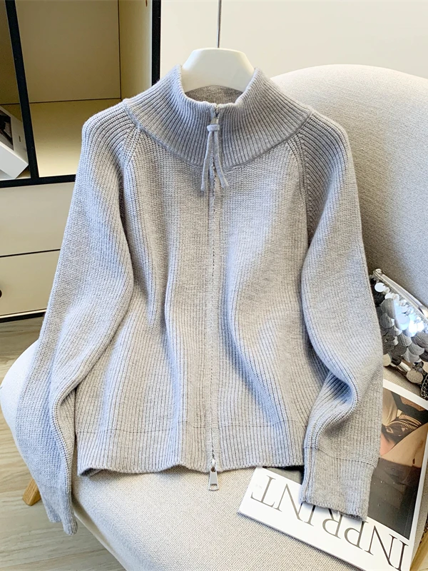 

Korean Japanese High Ne Thiened Knitted Cardigan Women's Large Size Double Zipper Leisure Sle Long Sve Winter Sweater