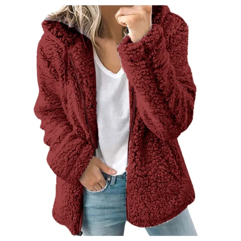 New Zipper Hooded Woolen Coat Woman Solid Fleece Jackets Cashmere Long Sleeved Loose Coats Female Winter Ladies Fashion Jacket
