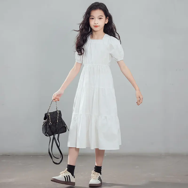 2024 summer princess white dress boat neckline short sleeve backless loose kids children toddler teen 5 6 8 to 9 10 11 12 years