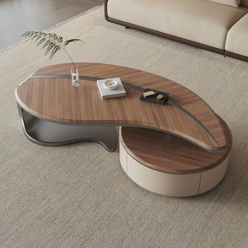 

Modern Leaf Design Small Apartment Living Room Walnut Color Wood Leather Coffee Table