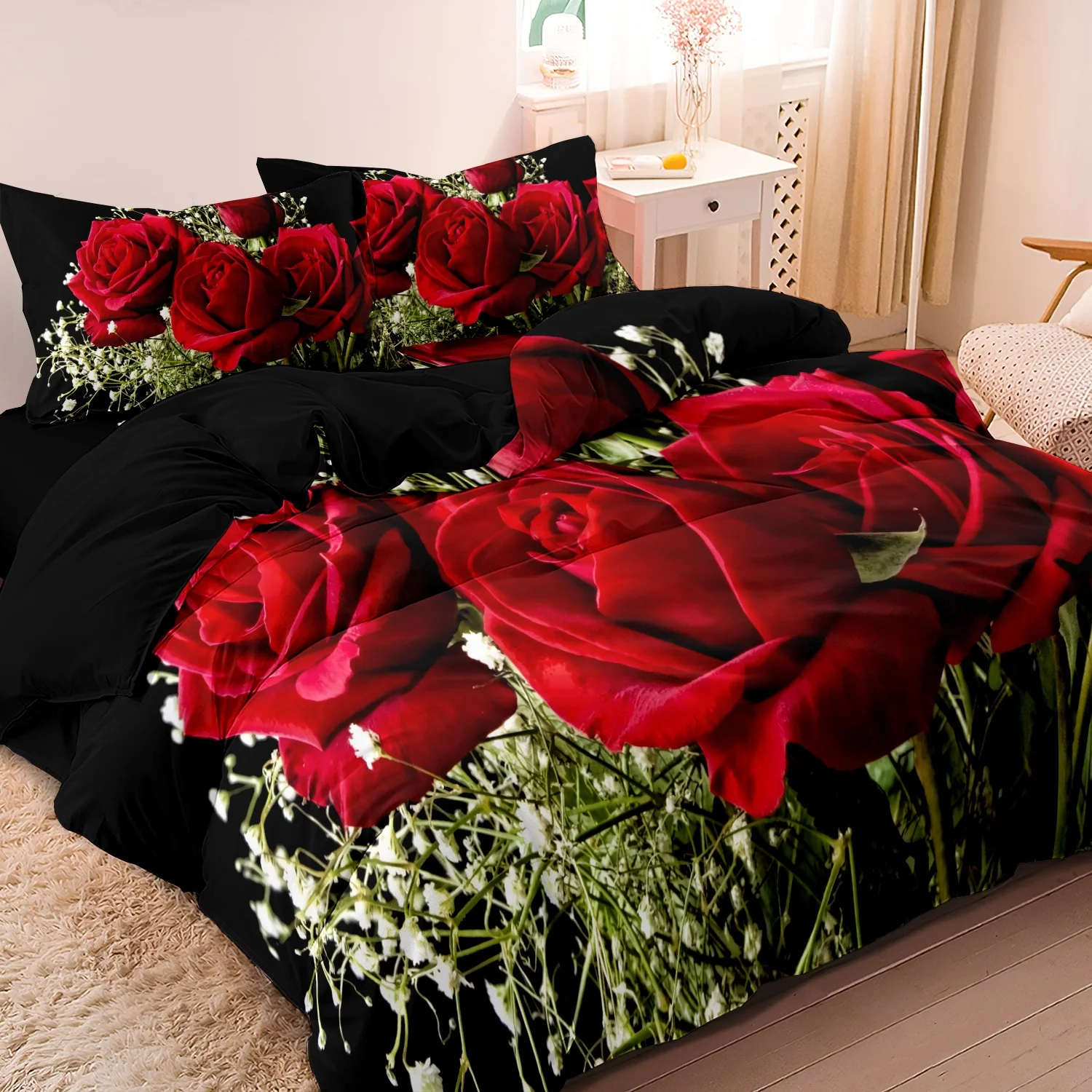 

3pcs Imitation Rose Print Bedding Duvet Cover Set Soft Comfortable Duvet Cover For Bedroom Guest Room Perfect for All Seasons