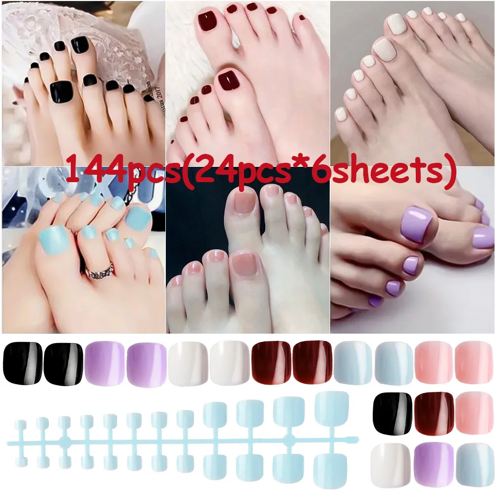 

144 шт., накладные ногти на французском ноге, акриловые ногти, короткие квадратные накладные ногти на ногах, полное покрытие, чистый цвет, искусственные накладные ногти на ногах