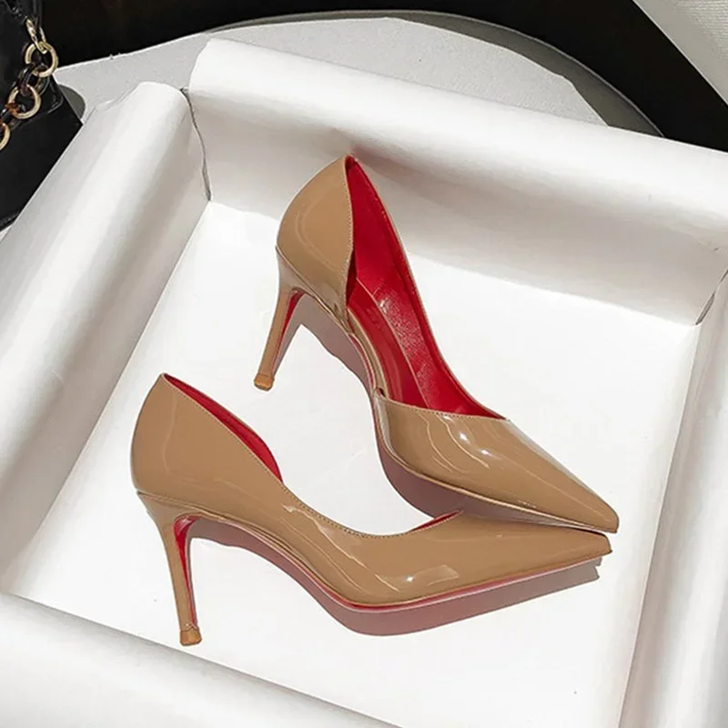 Fashion New Trend Female Black Leather Side Air Pointed Bottom Toe Female High Heel Sexy Party Shoes Ladies Dress Stiletto Pump