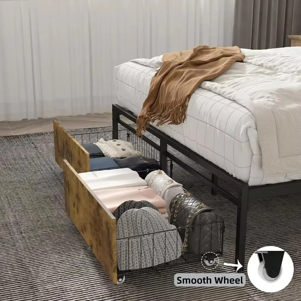 Bed Frame with Storage Headboard, Platform Bed with Drawers and Charging Station, No Box Spring Needed, Easy Assembly.