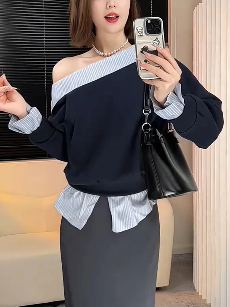 

2025 Spring Season Korean Sle Design Plaid Slim One oulder Sweatirt Large Size Casual Commute Top Trendy Long Sve