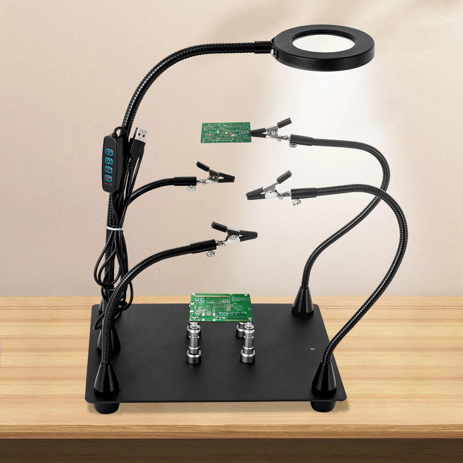 Soldering Station Holder Magnetic Helping Hand with 3X LED Magnifying Lamp, 4 PCB Columns