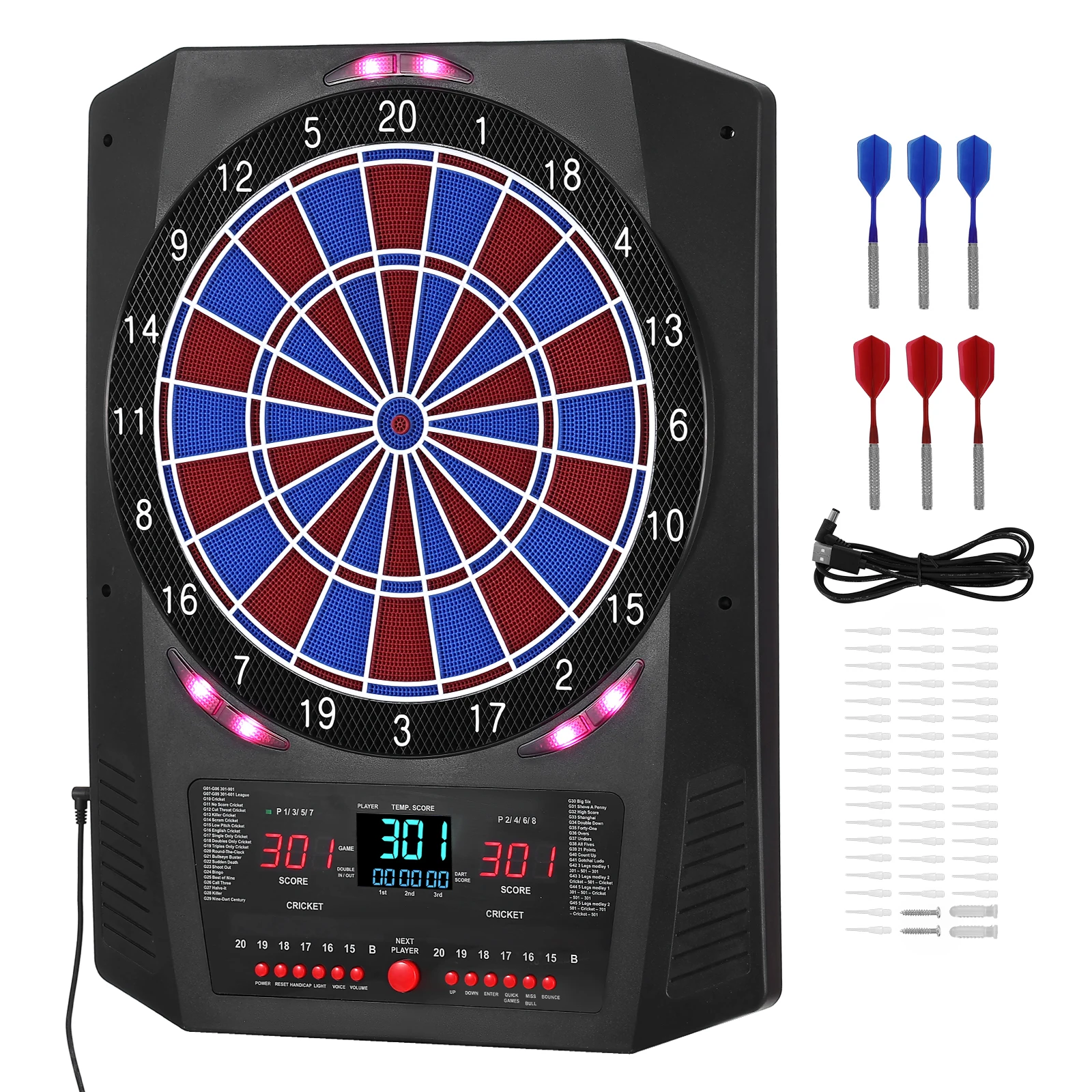 SucceBuy Cible de fléchettes électronique de 13,5 pouces avec 45 jeux et 474 variations pour jusqu'à 8 joueurs, 6 tiges de fléchettes avec ailettes
