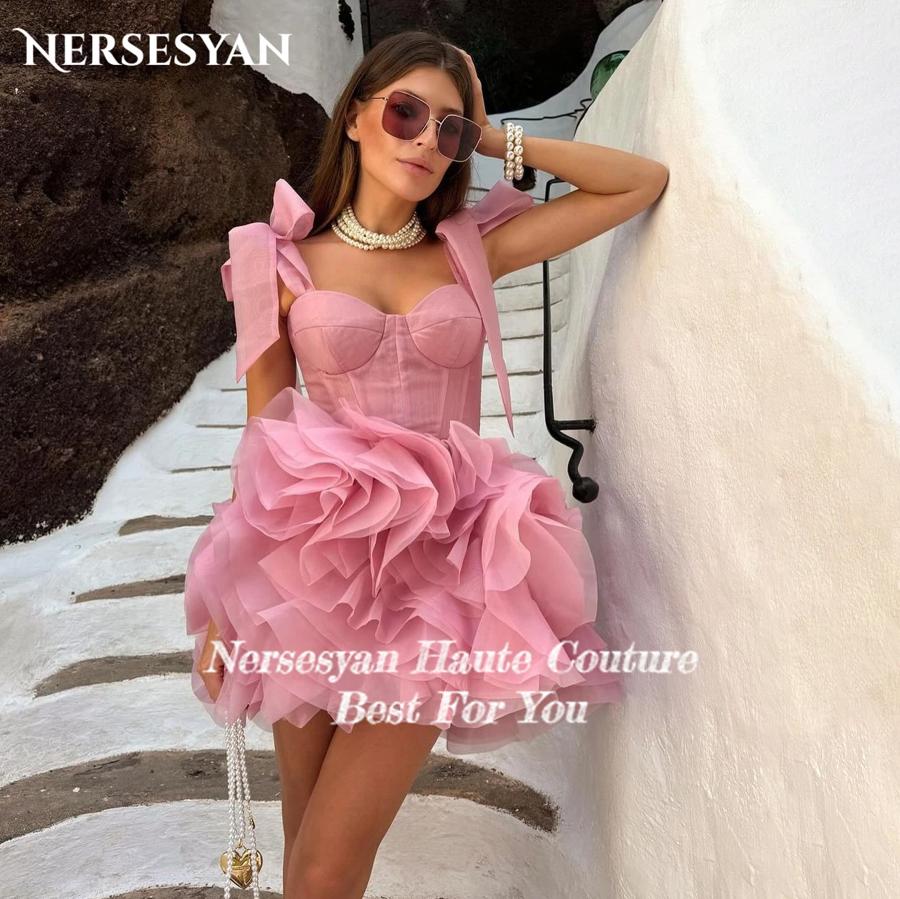 Nersesyan Dusty Rose Sexy Formal Evening Dresses Bow Straps Sweetheart A-Line Tiered Ruffles Sleeveless Graduation Party Gowns