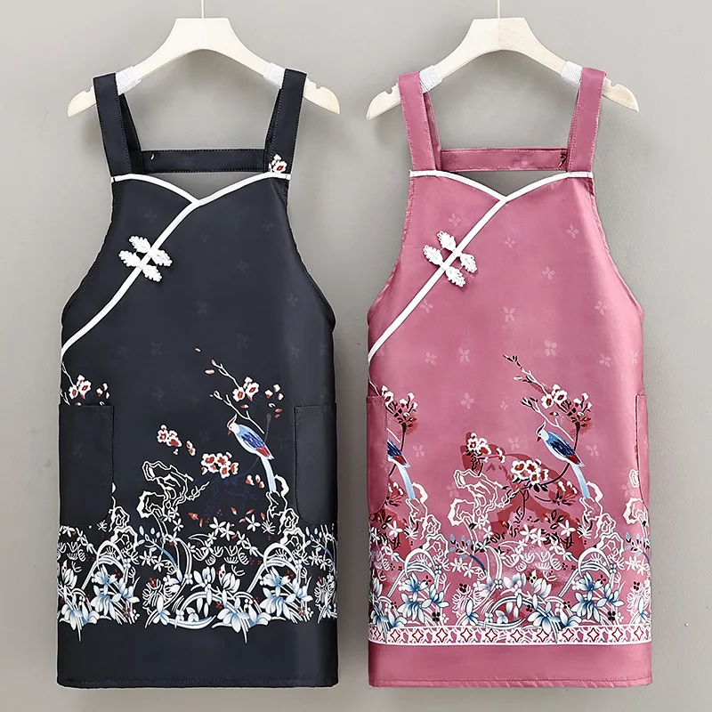 Cheongsam Summer Thin Waterproof Apron Women Home Kitchen Cooking Apron Chinese Style Work Clothes Breathable Comfortable