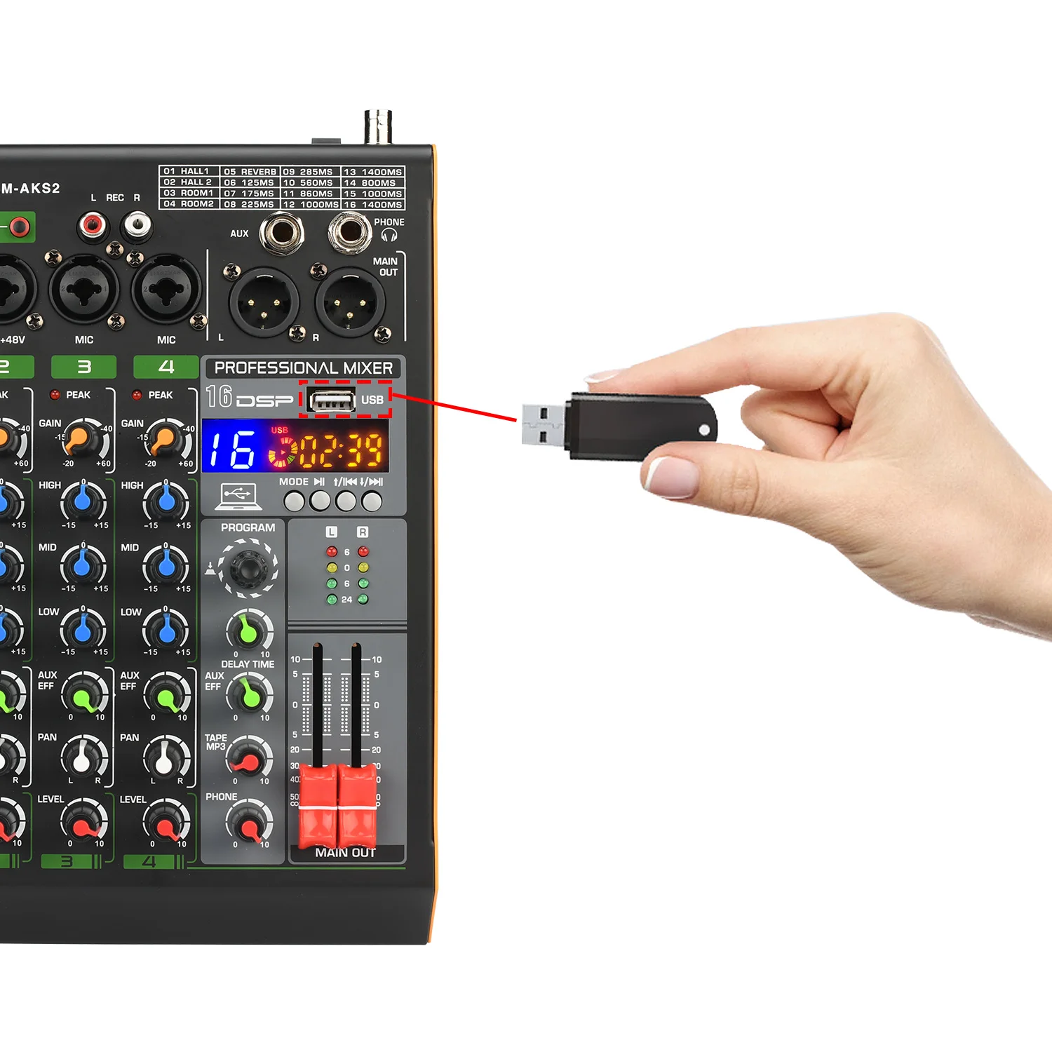 Imagem -04 - Lomeho-console de Mistura com Microfones Uhf sem Fio Bluetooth Gravação Usb Gravação de Computador Misturador de Áudio de Canais Am-aks2 16 Dsp