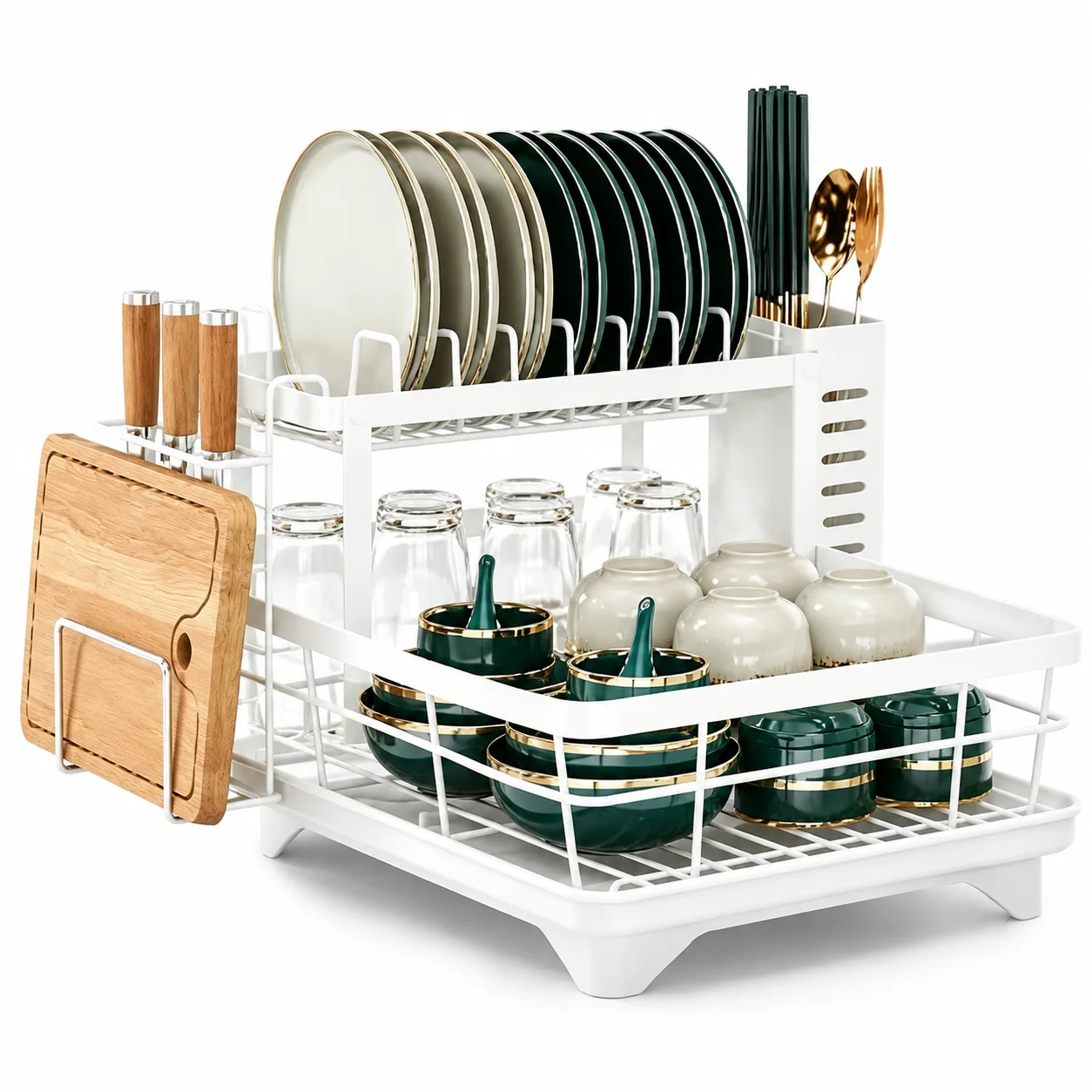 2‑Tier White Metal Dish Drying Rack Large Capacity Kitchen Countertop Dish Rack with Utensil Holder, Knife Slot and Cutting Board Holder Dinnerware Drain Storage Organizer
