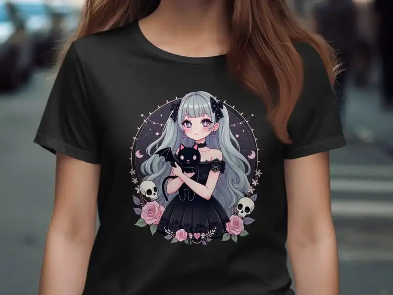 

Harajuku Style Cute Gothic Anime Girl T-Shirt Kawaii Graphic Tee Pastel Goth Clothing Japanese Fashion Aesthetic Top