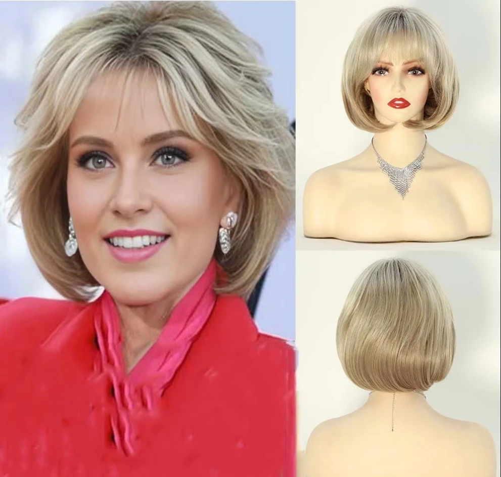 

Synthetic Hair for Women Daily Wig Blonde Short Bob Wig with Bangs Gradient Brown Wigs Cosplay Party Fake Hair