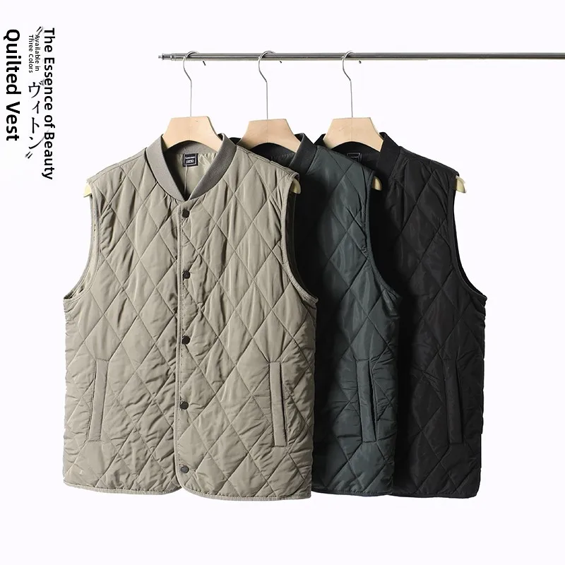 

Winter New Men's Diamond Pattern Cotton Quilted Thiened Windproof Warm Baseball Collar Color Casual Cotton Vest