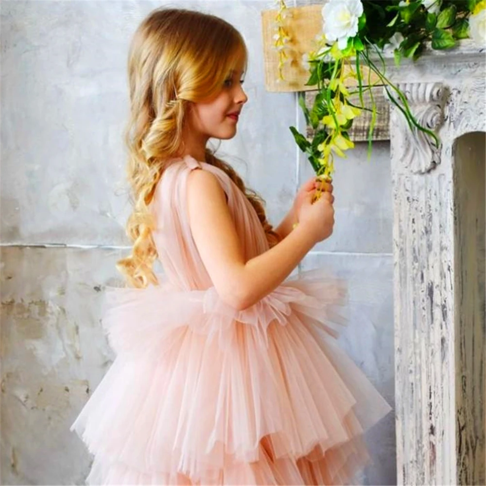 Vestido inchado de tule para meninas, vestido rosa em camadas sem mangas para concurso, elegante, primeira comunhão, festa infantil, vestido de baile