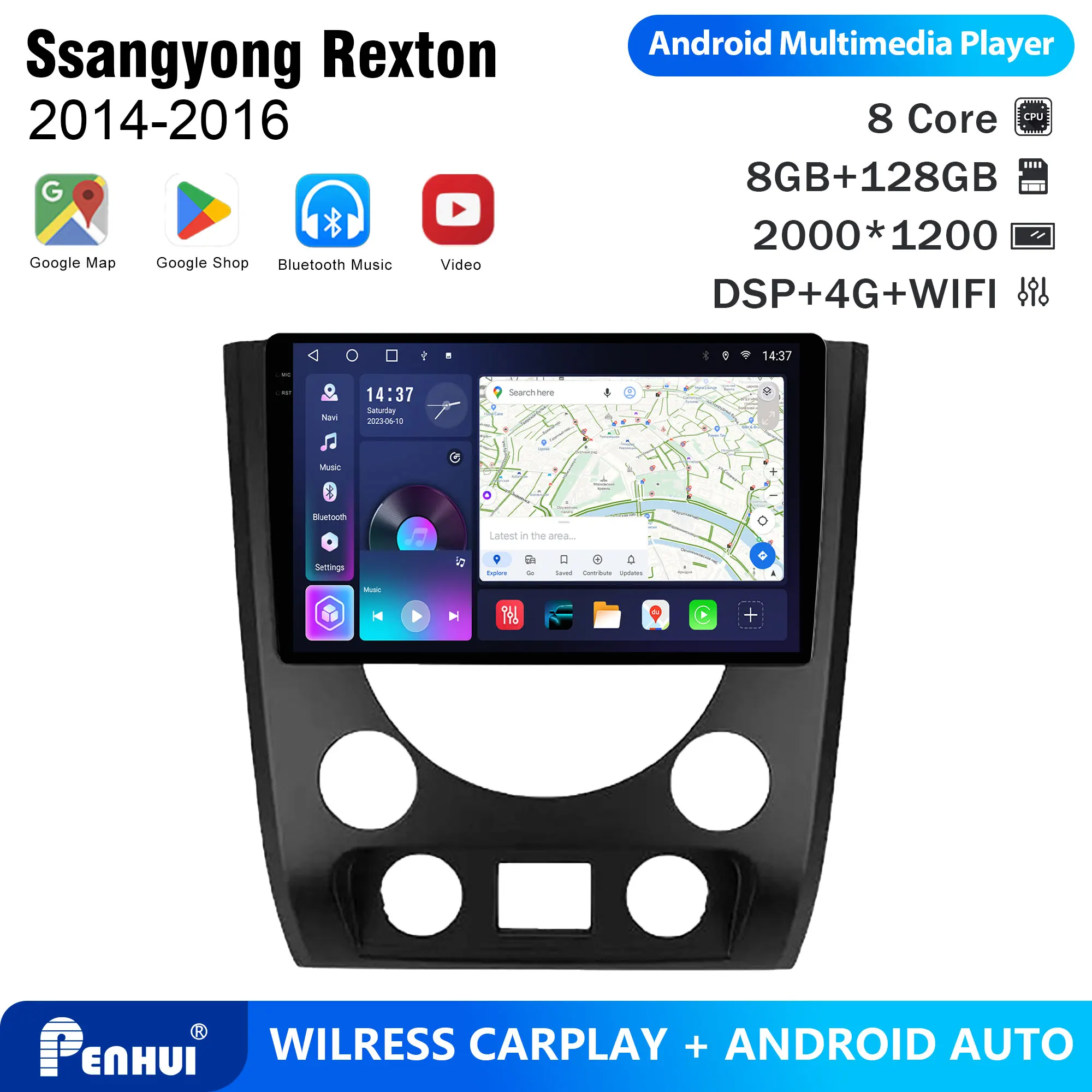 Penhui For Ssangyong Rexton 2014-2016 Android Car DVD Player 2Din 9'' Touchscreen DSP Bluetooth Video Multimedia System