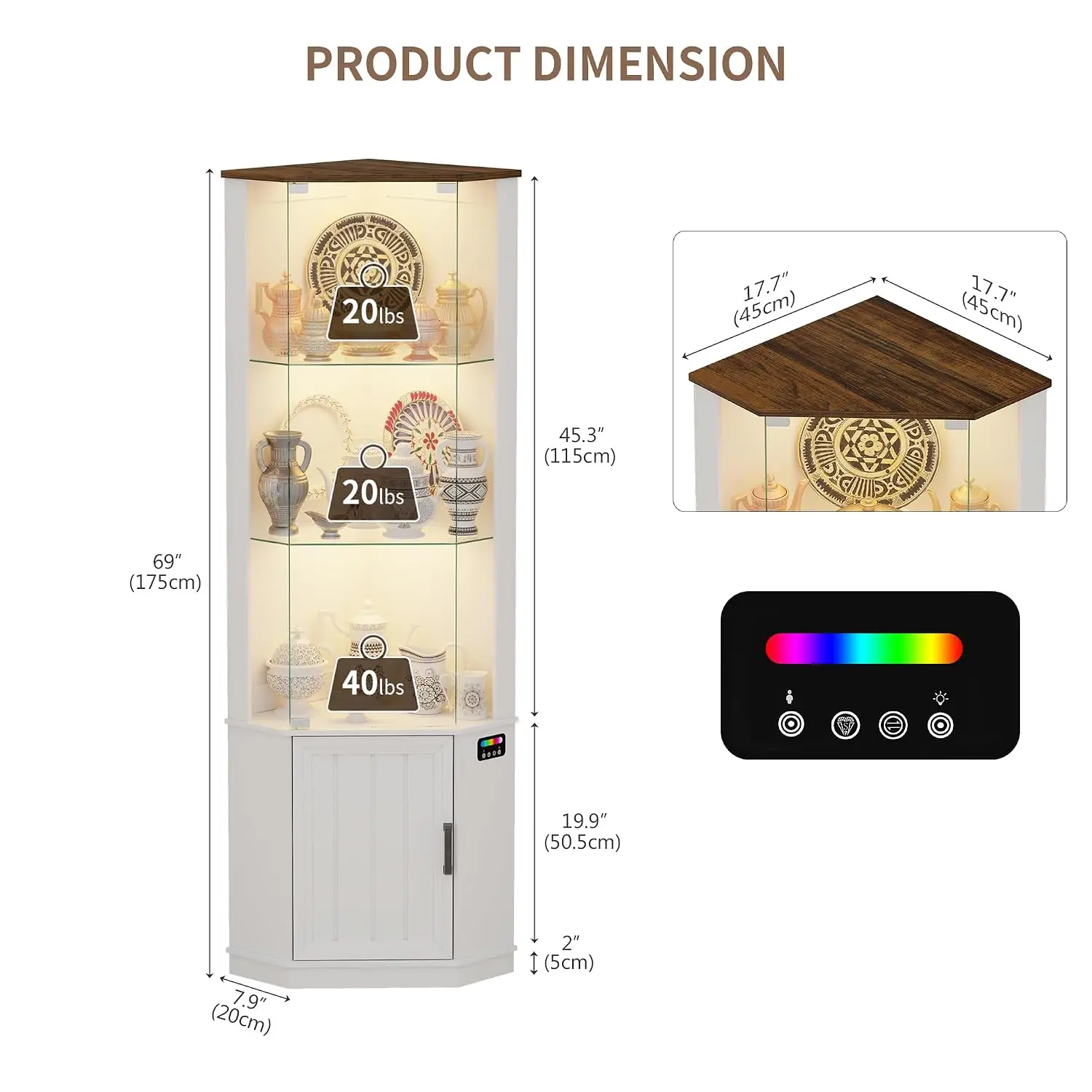 Curio Display with 3-Tier Movable Glass Shelves and Human Body Sensor,Display Cabinet for Toys,Books,Collectibles,Liquor