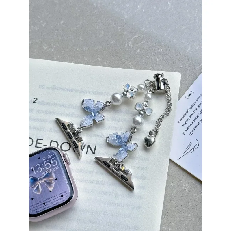 ガラス蝶パールブレスレット iWatch ストラップ 38 ミリメートル 40 ミリメートル 41 ミリメートル 42 ミリメートル 44 ミリメートル 45 ミリメートル 49 ミリメートルファッショナブルな手作りストラップと互換性