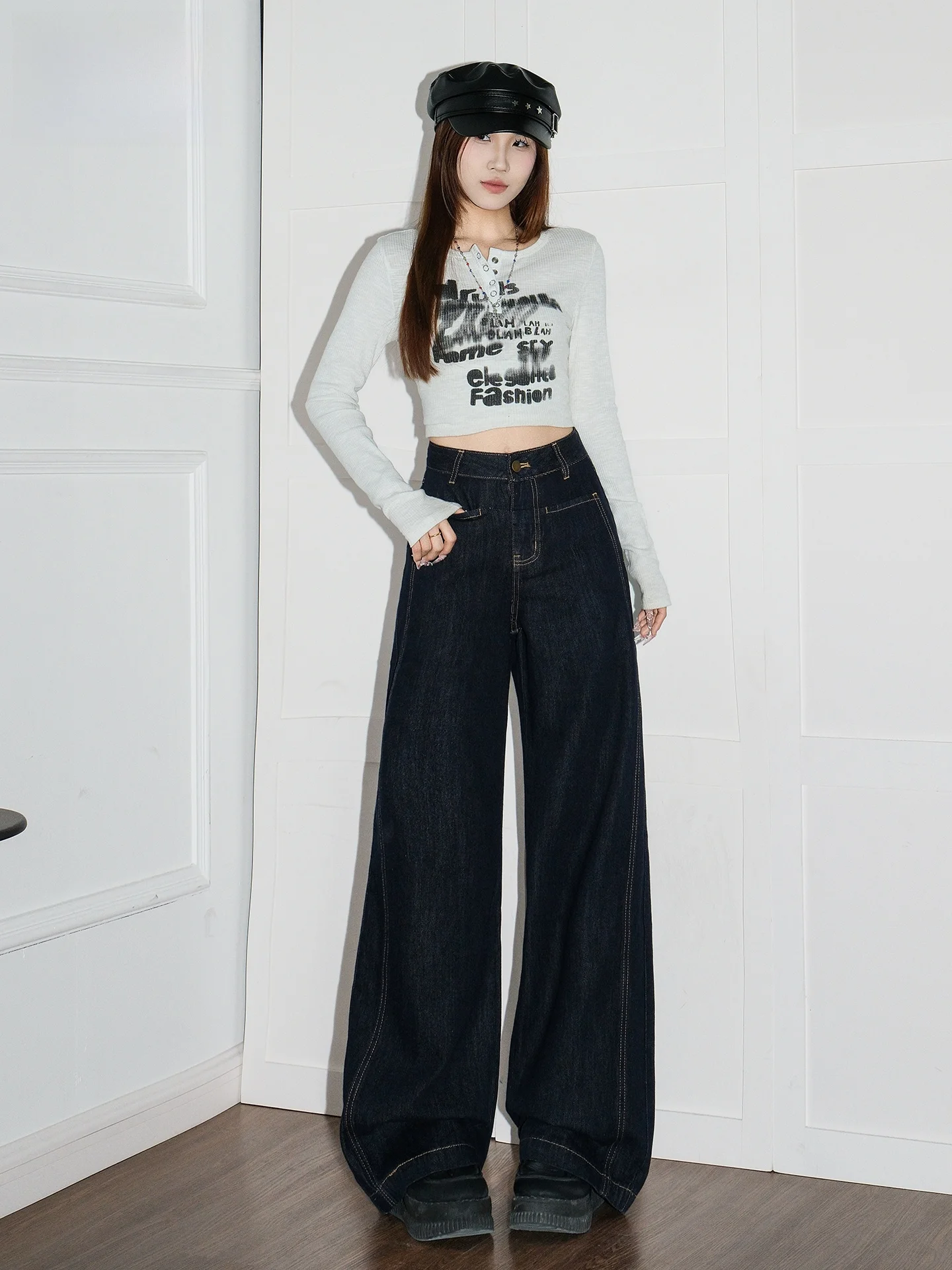 

Американские ретро-джинсы Deep Blue с широкими штанинами, женские летние джинсы прямого кроя, свободные, с высокой талией, повседневные, для похудения