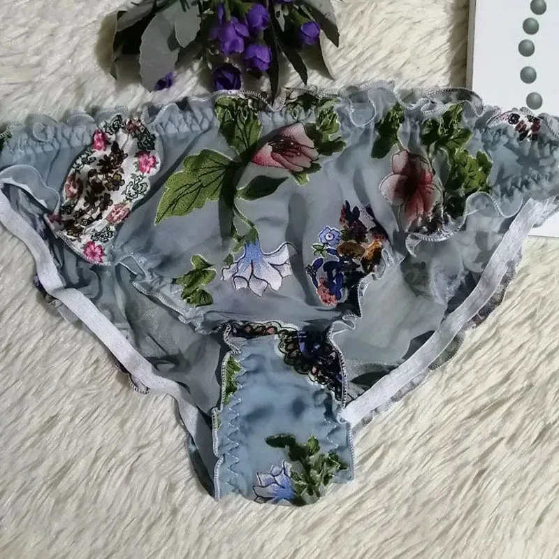 

Sexy Lingerie Semi Transparent Silk Ruffle Briefs Couple Mulberry Silk Underwear Sissy Mid Waist Print Soft Comfortable Panties