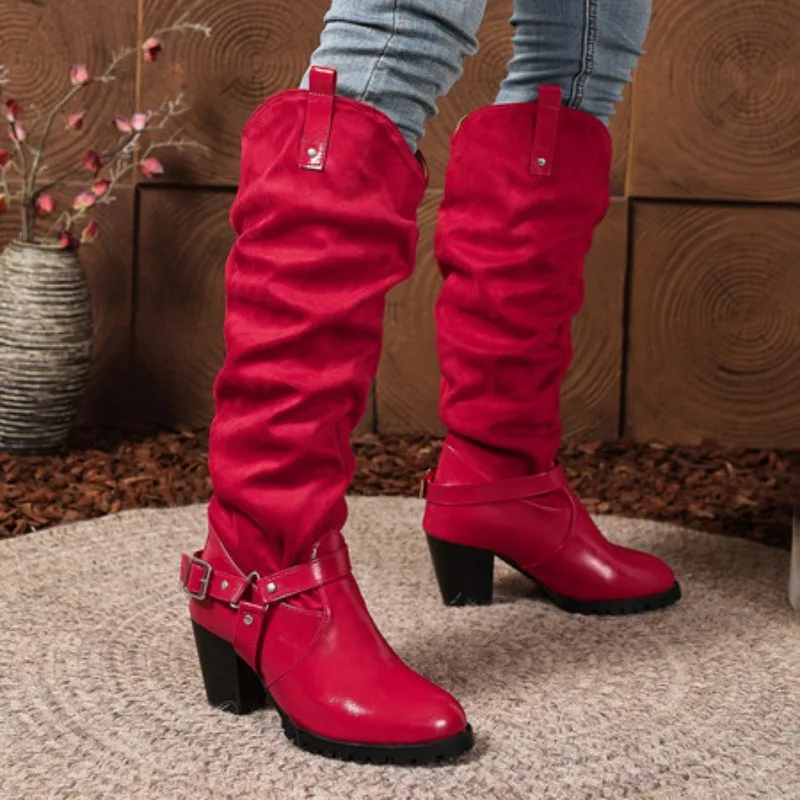 

Женские ковбойские сапоги до колена с напуском в стиле вестерн на массивном каблуке, высокие сапоги в стиле ковбой для девочек, осенне-зимняя одежда
