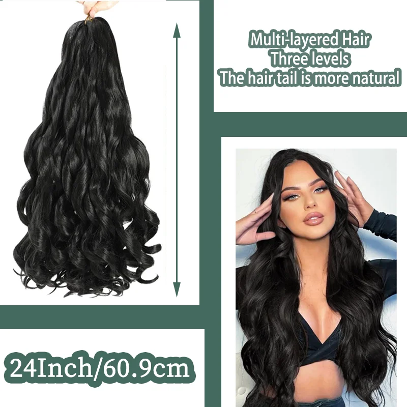 8 упаковок синтетических французских вьющихся волос, 24-дюймовые свободные волнистые спиральные вязанные крючком волосы для женщин, предварительно растянутые с вьющимися концами (1B)