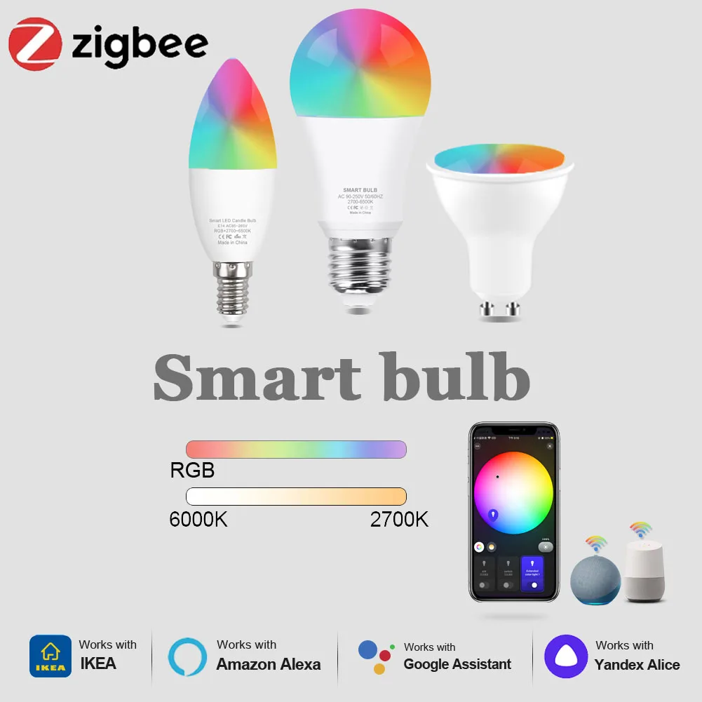 

Умные светодиодные лампы Zigbee E27 E14 GU10 Smart Life RGB + WW + CW, приглушаемая лампа, работает с Alice ,Alexa, Google home