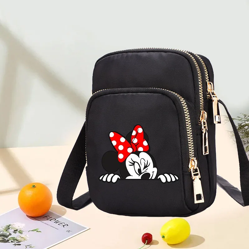 

Cartoon Disney Mickey Minnie Mouse Women's Bag Nylon Shoulder Bag Crossbody Zipper Mobile Phone Lady Female Handbag Wrist Purse