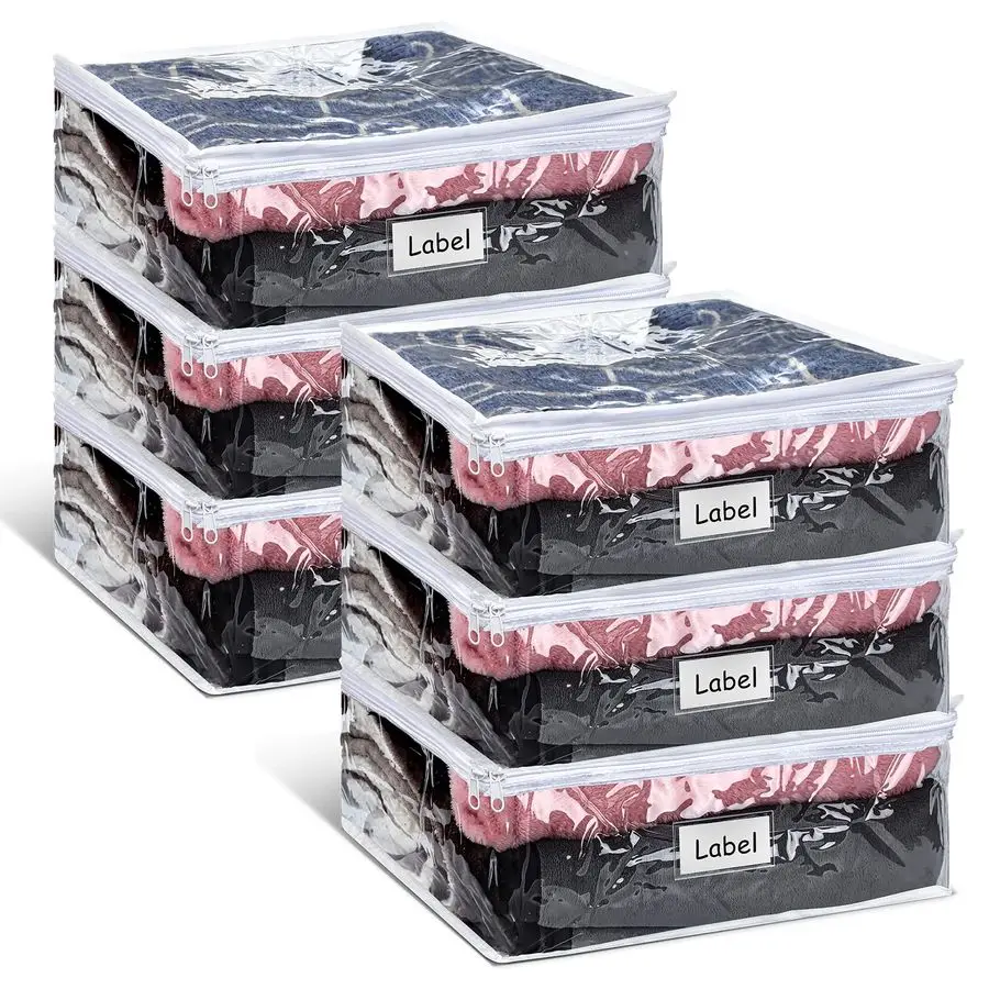 6 Pieces Sweater Storage Bags Plastic Clear PVC Clothes Storage Bags with Zipper and Label for Blankets Clothes Closet Quilt Pil